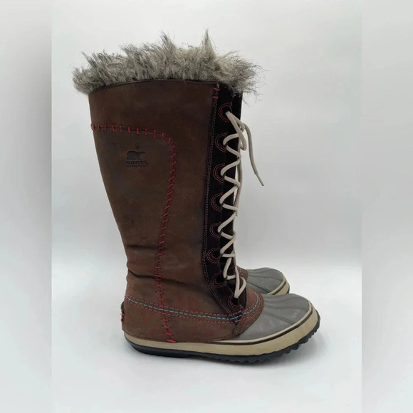 Sorel Cate the Great Tall Women’s Sz 7 Faux Fur Tusk Brown Leather Winter Boots - Picture 4 of 14